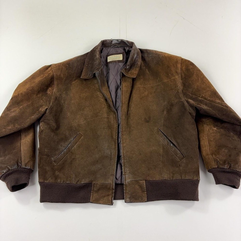 St Johns Bay Jacket Mens XL Brown Suede Bomber Full Zip Lined Pockets Rib Hem